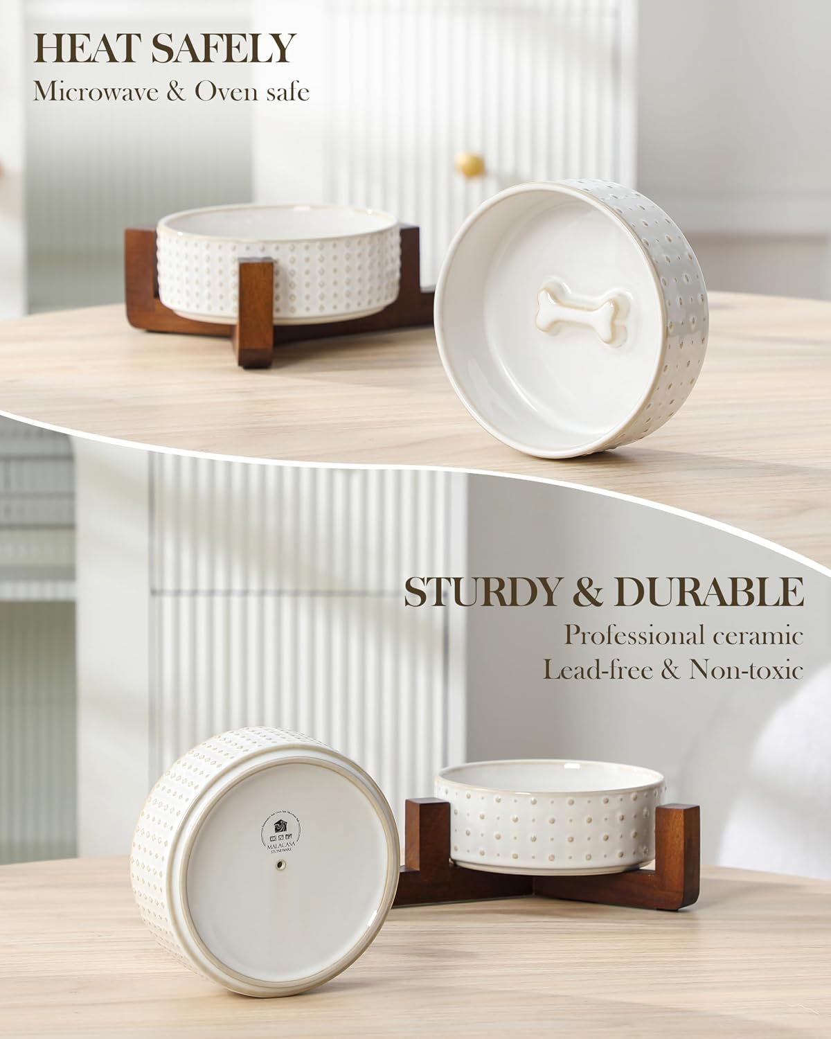 Thumbnail 6 de MALACASA LYDIA Ceramic Pet Bowl Set with Walnut Wood Stand, Non-Slip Base