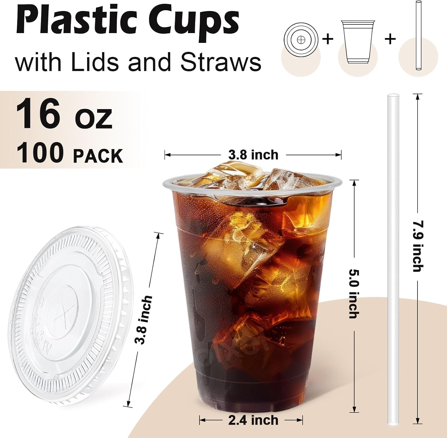 Detalle 2 de Lamosi 16 oz Clear Plastic Cups with Lids & Straws — 100 Pack for On-The-Go Beverages