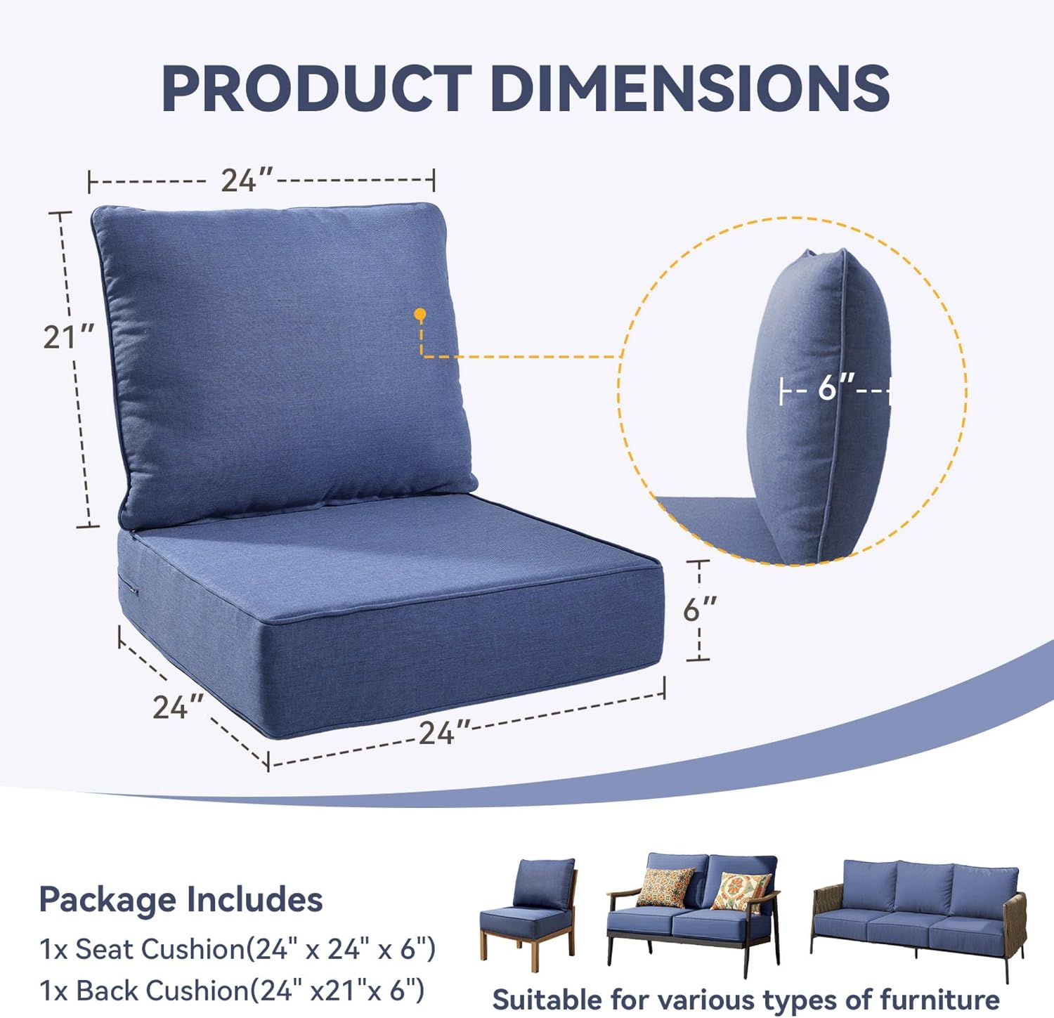Detalle de Jelwaly PLA-ZBDJH006-1-1 Outdoor Chair Cushions, 6-Inch, Blue