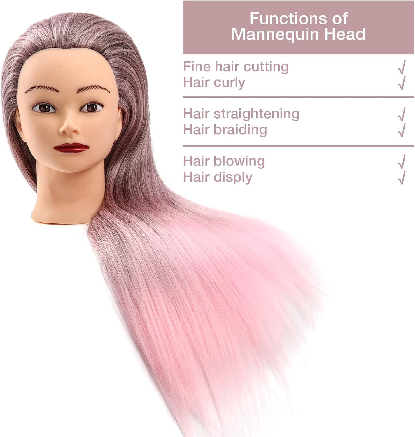 Detalle de GUANJUNE Mannequin Head: 26-28 Inch Synthetic Hair Training Head with Clamp Holder & Accessories – Gradient Pink