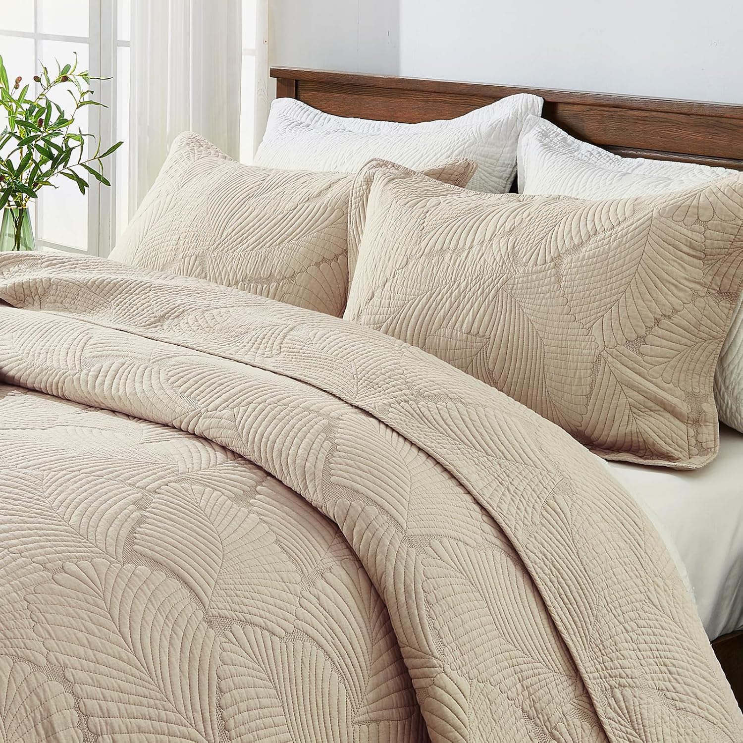 Thumbnail 1 de Qucover Couvre Lit Coton 2 Personnes 220x240 – Beige, Motif Floral, 3 Pièces