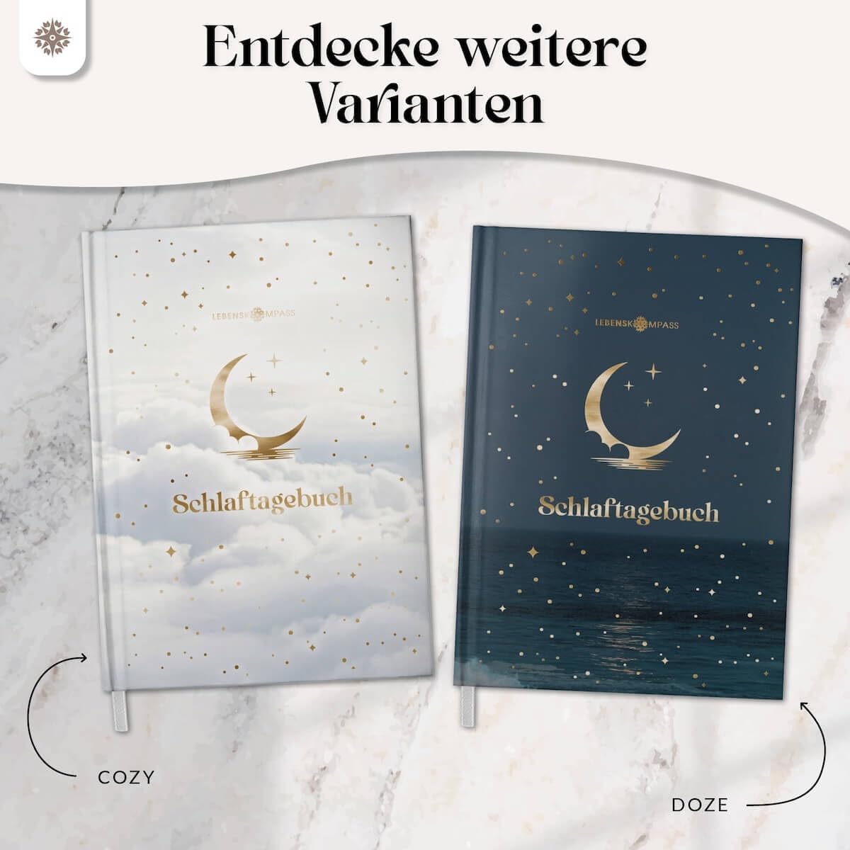 Detalle 1 de LEBENSKOMPASS® Schlaftagebuch Doze – un-datiertes 12-Wochen-Journal (DIN A5, Hardcover, Goldveredelung, 120 Seiten)
