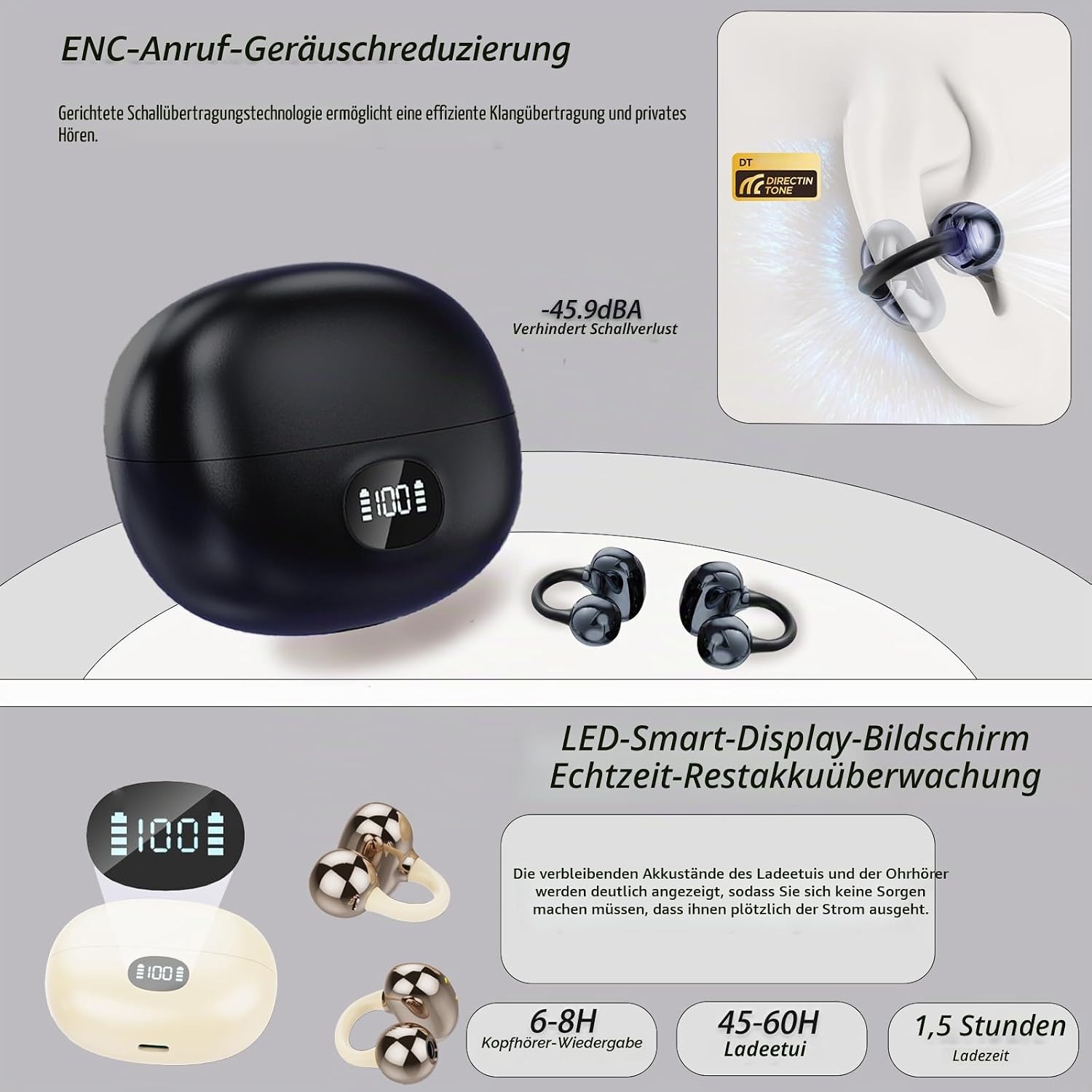 Thumbnail 6 de Kabellos Bluetooth Open-Ear-Kopfhörer (Ohrclip) – 4,5 g, 11 mm Treiber, Bluetooth 5.49, IPX6, 40 h Akku