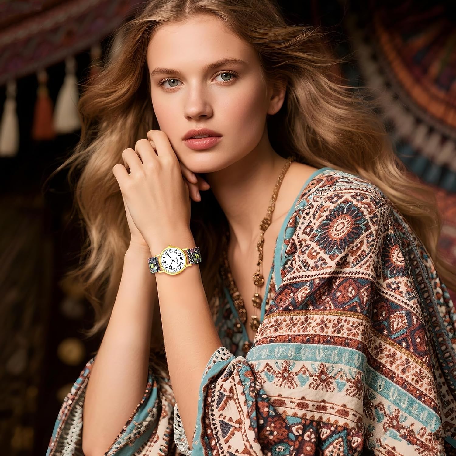 Thumbnail 4 de Avaner Damenarmbanduhr im Boho-Stil mit elastischem Stretchband und großen arabischen Ziffern