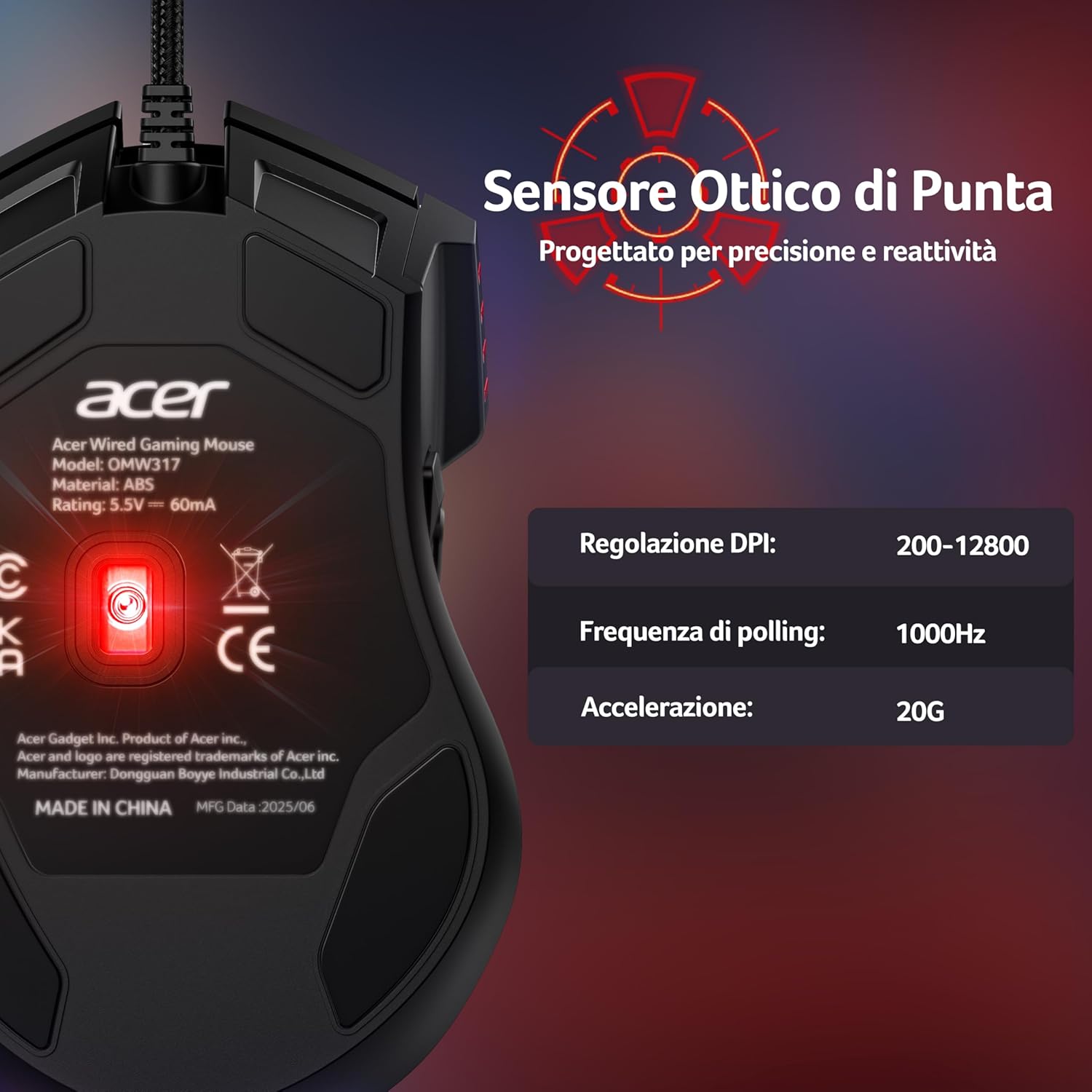 Detalle 2 de Acer Mouse Gaming cablato 12800 DPI, 8 pulsanti