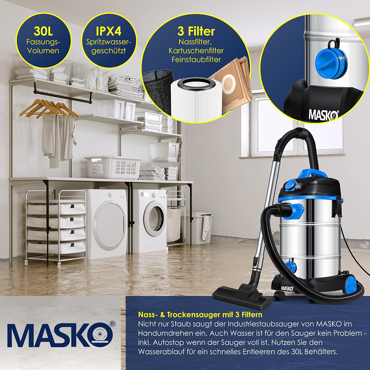 Thumbnail 4 de MASKO Industriestaubsauger Nass/Trocken 1800W — 30L, 58 l/s, 3-in-1 Filtersystem, Push&Clean, Blau
