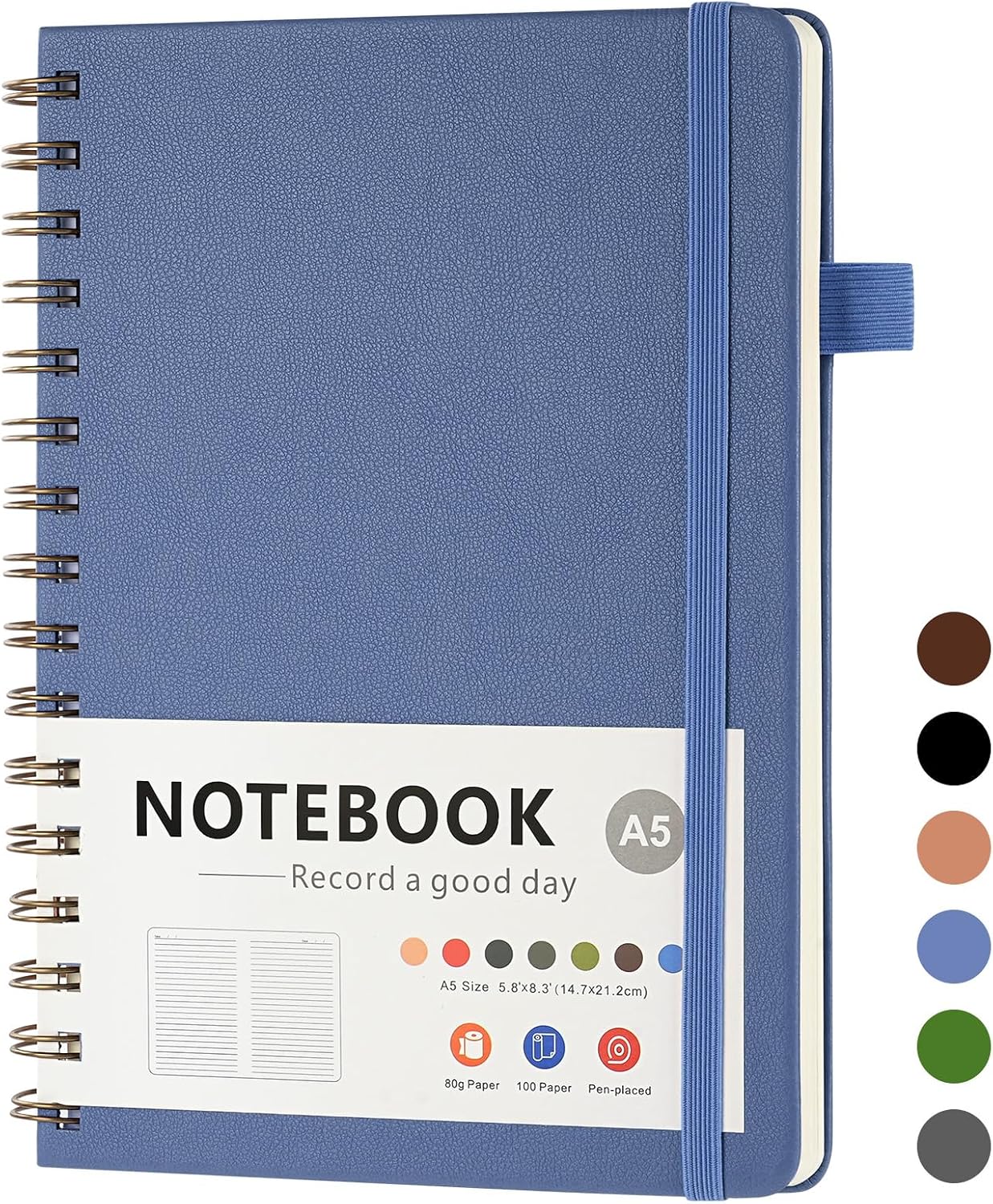 Detalle de OSDUE A5-notitieboek met ruitjes, spiraalbinding en PU-hardcover, blauw