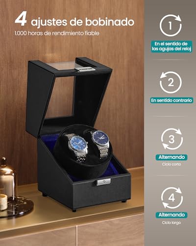 Detalle de SONGMICS JWB031B01 enrollador automático de doble reloj con motor silencioso y luz LED, color negro