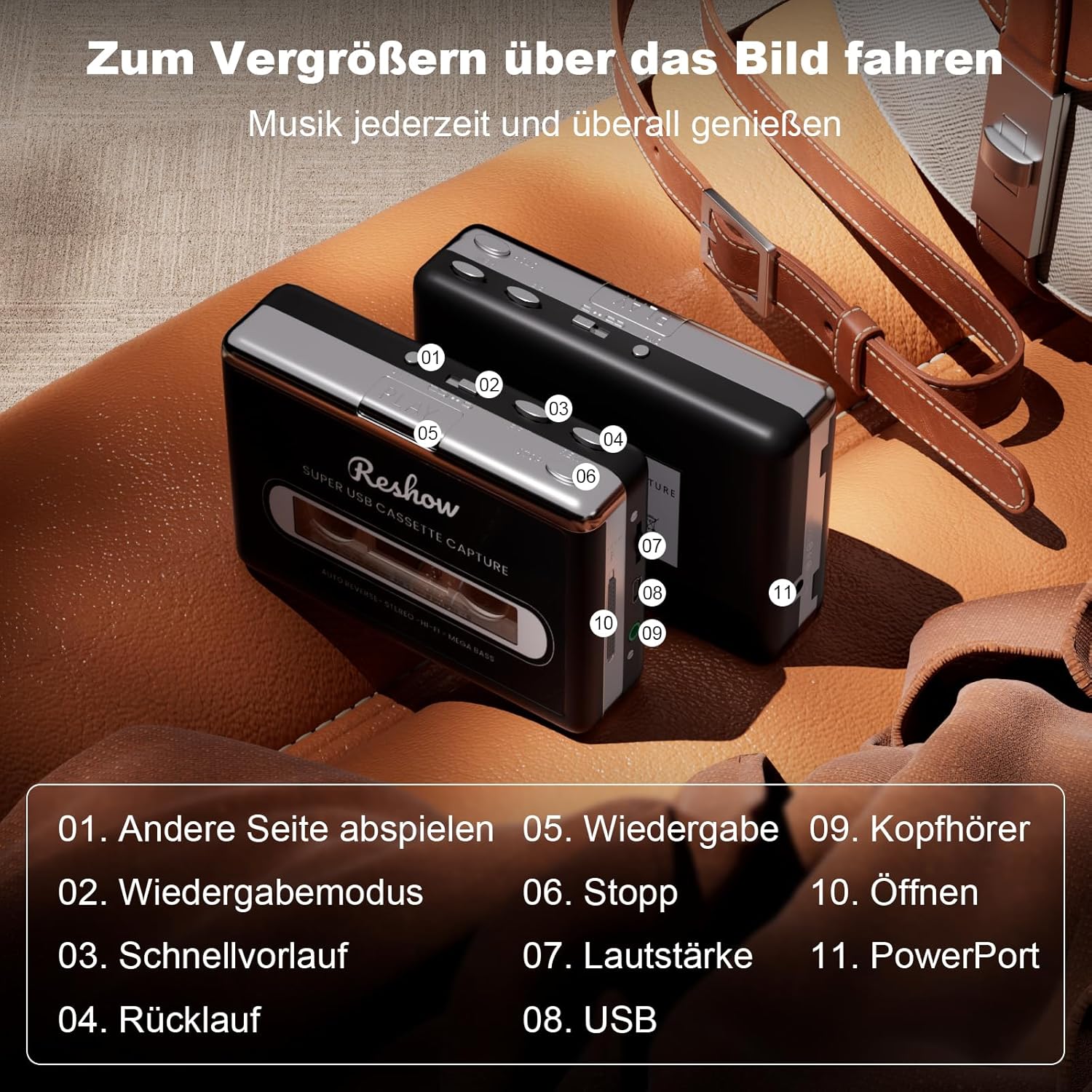 Thumbnail 6 de Reshow tragbarer Kassettenspieler: Kassetten digitalisieren, MP3 aufnehmen und mobil genießen