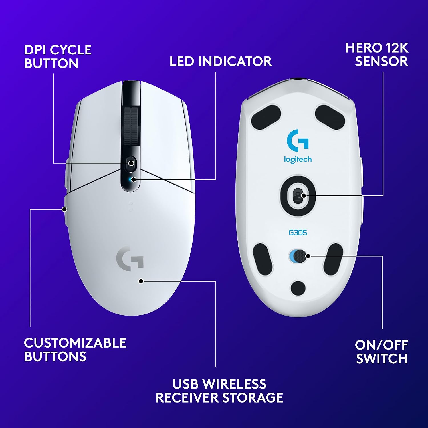 Detalle 2 de Logitech G305 (910-005289) LIGHTSPEED Wireless Gaming Mouse, White, 12,000 DPI