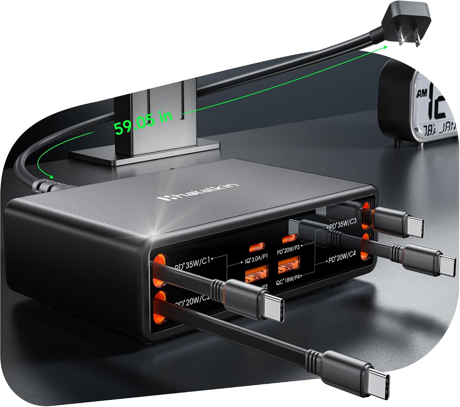 Detalle de HATALKIN PT68 8-in-1 Retractable Charging Station, 105W USB-C Hub