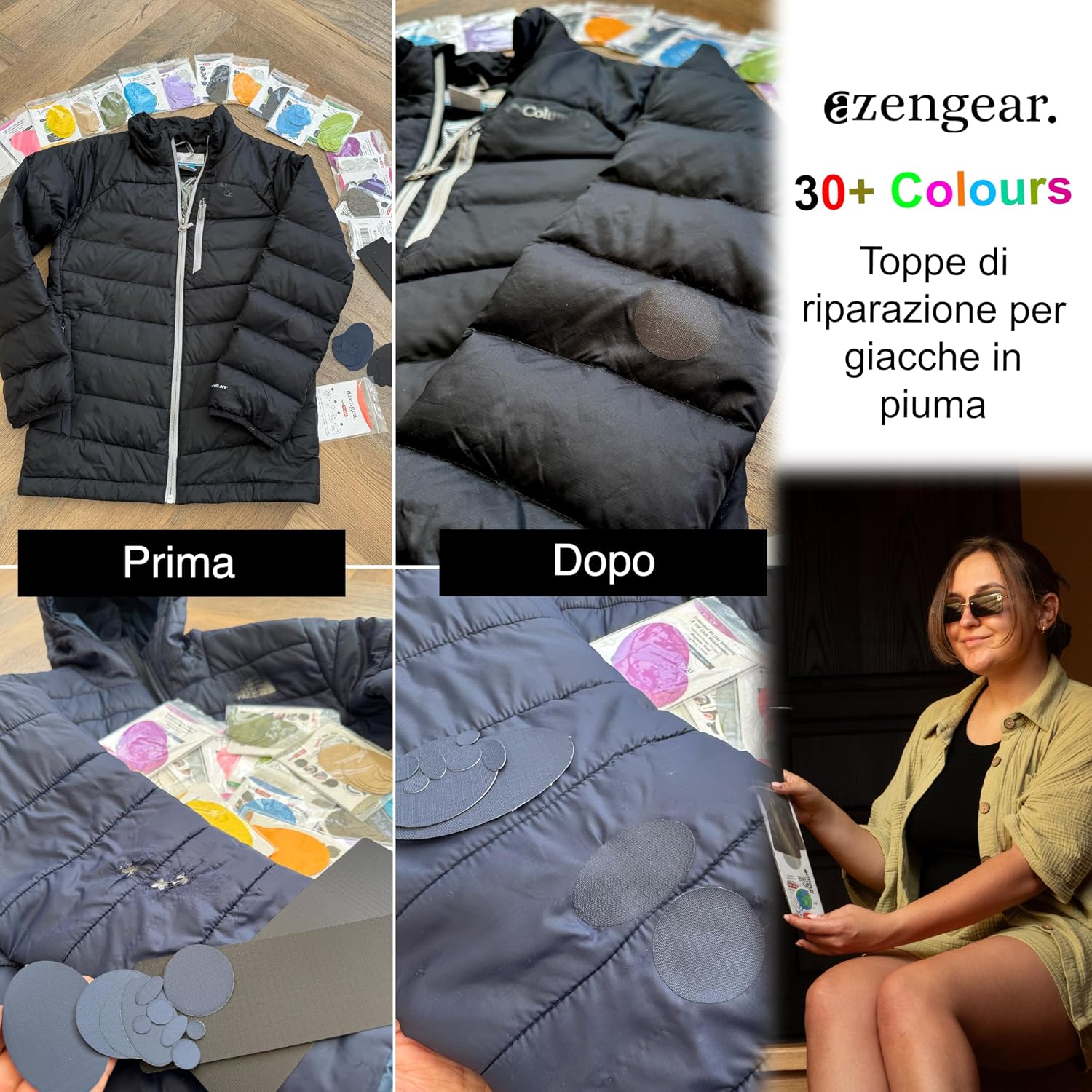 Detalle 2 de aZengear Toppe di riparazione autoadesive impermeabili (11 pezzi) per piumini, tute da sci, scarpe e tappezzeria