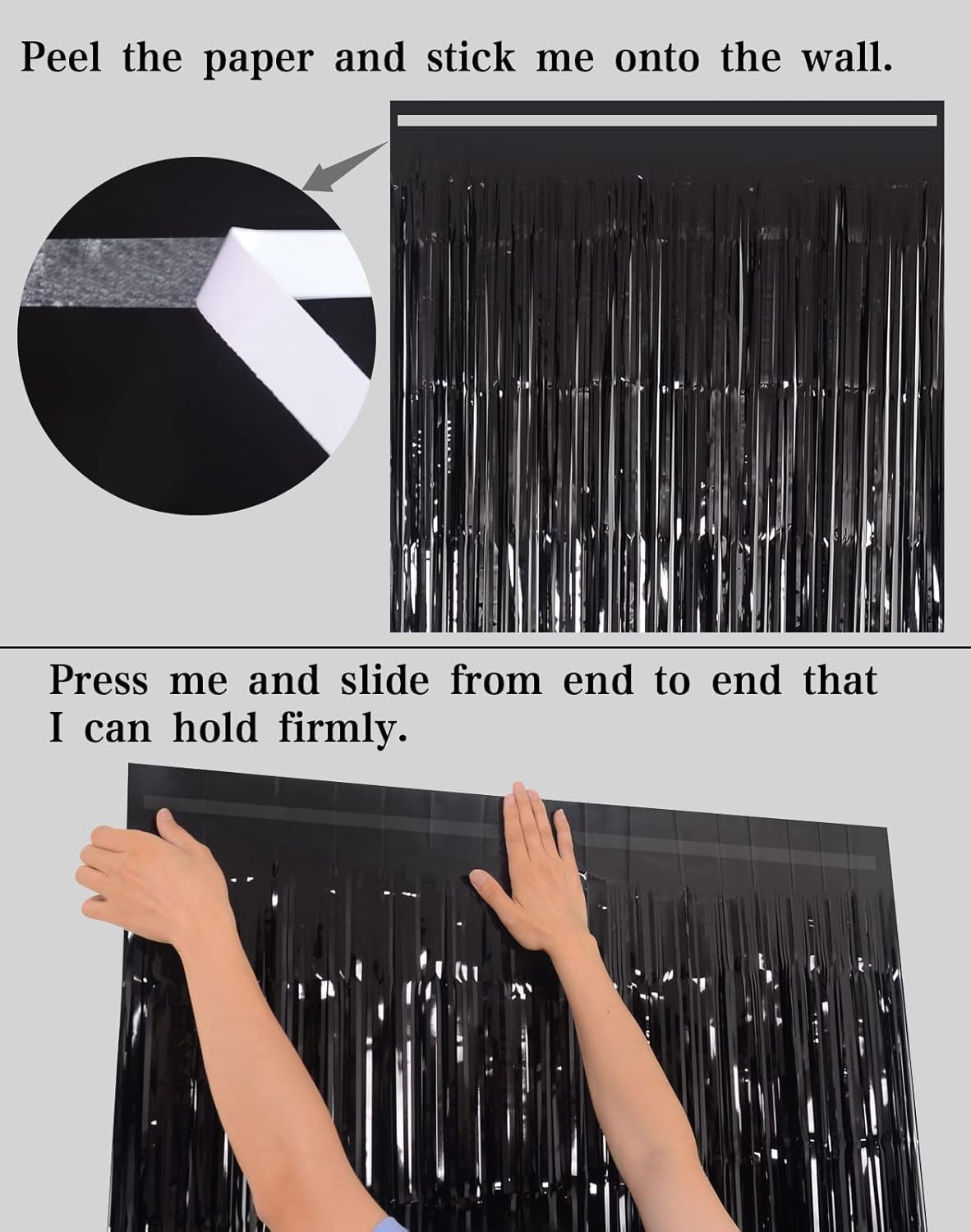 Thumbnail 1 de Black Foil Fringe Curtain Party Decorations (3 Pack) — Shiny Black Tinsel Backdrop