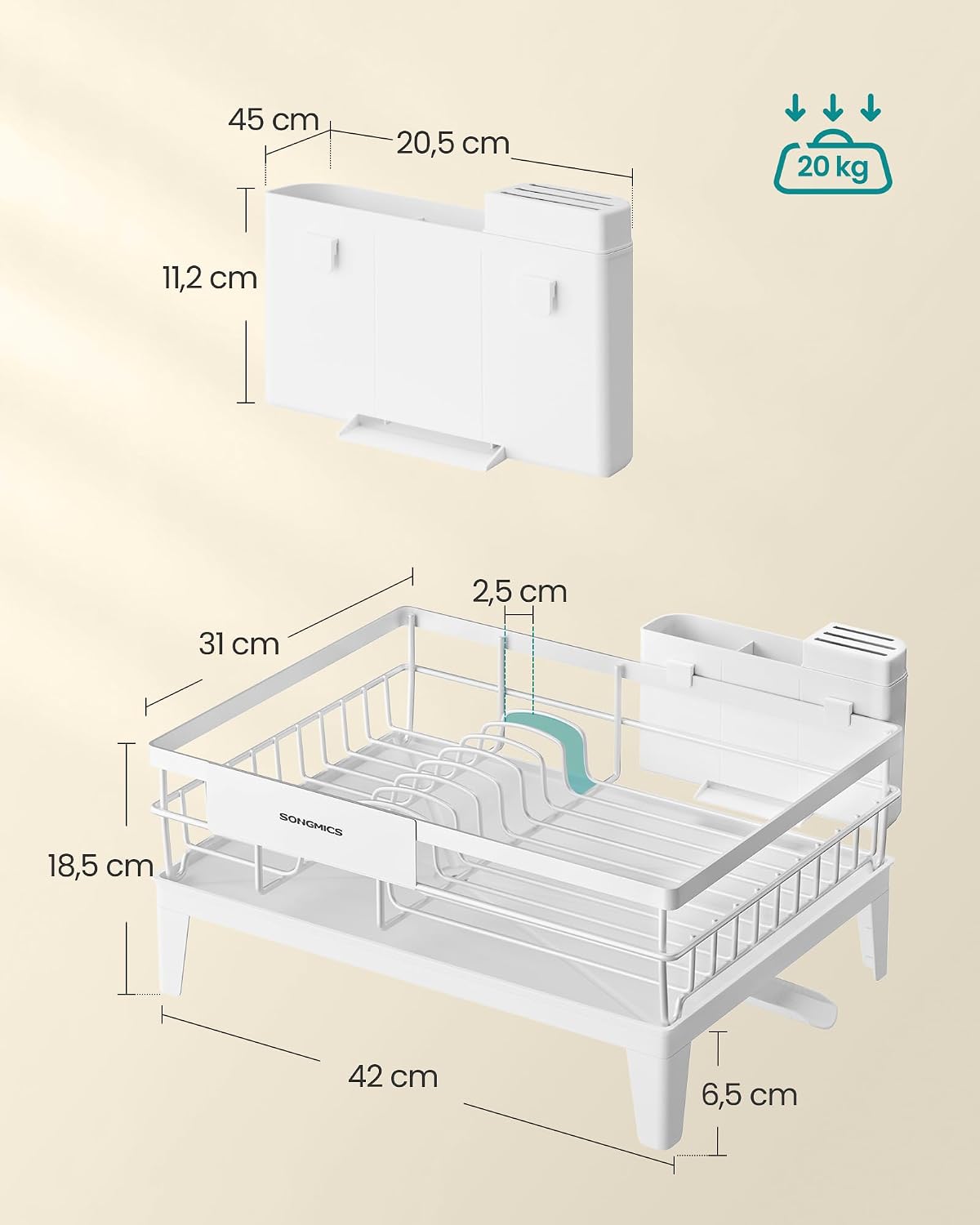 Detalle 2 de SONGMICS Abtropfgestell Geschirr KCS550WG01 – kompakt, 360° Auslauf und Abtropfschale