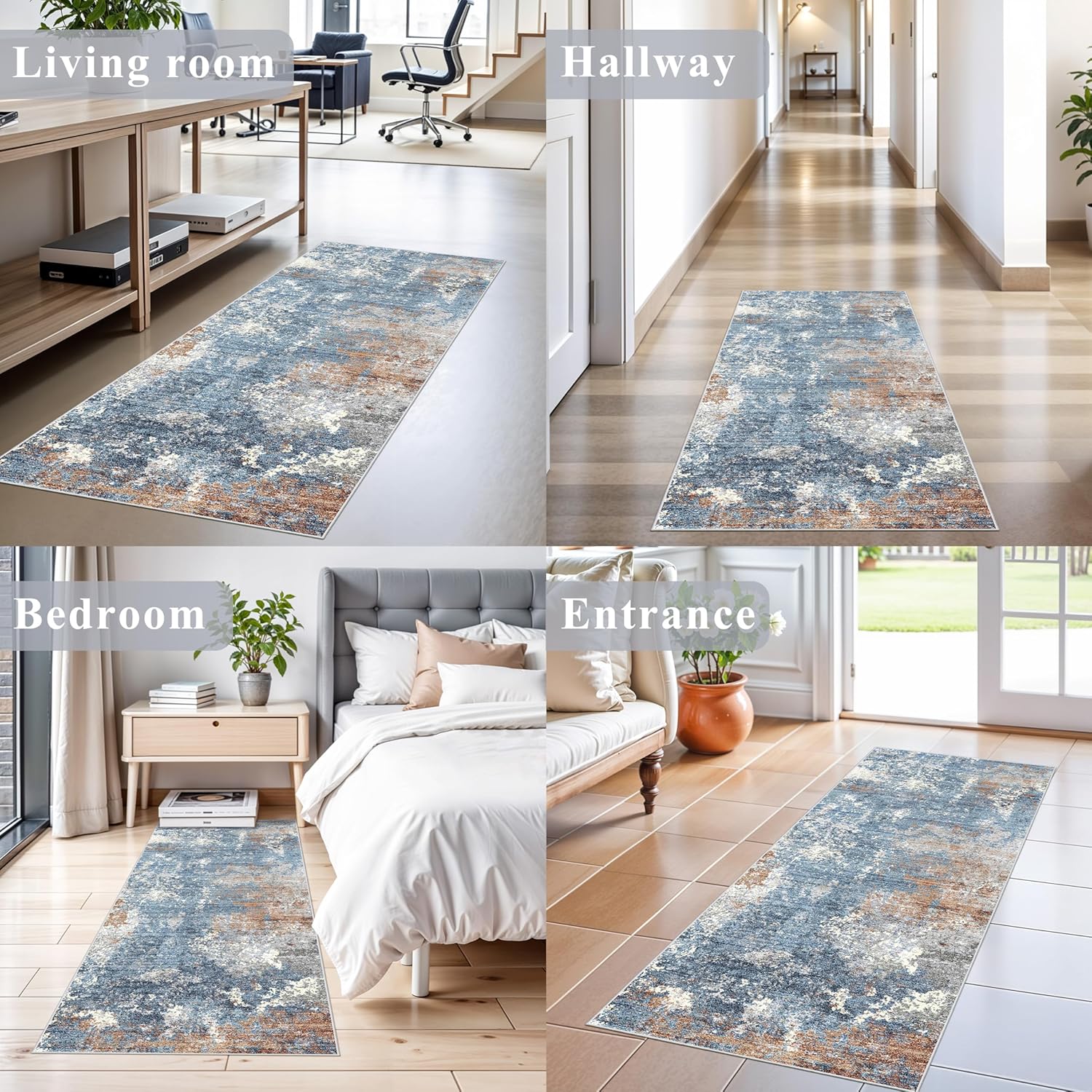 Detalle de 2x5 Washable Non-Slip Rug Runner in Blue Rust — Abstract, Low-Pile Comfort