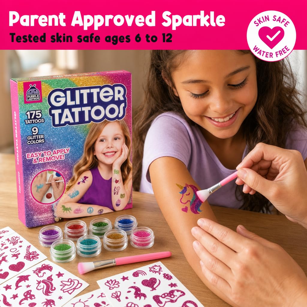 Detalle de Purple Ladybug 175-Piece Temporary Glitter Tattoos Kit for Kids (Ages 6–12)