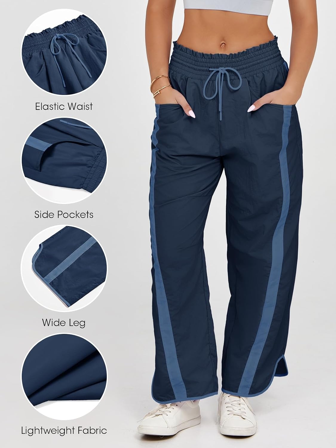 Detalle de Fisoew Women's Baggy Wide Leg Pants – Casual Drawstring Elastic Waist, Contrast Color Track Pants