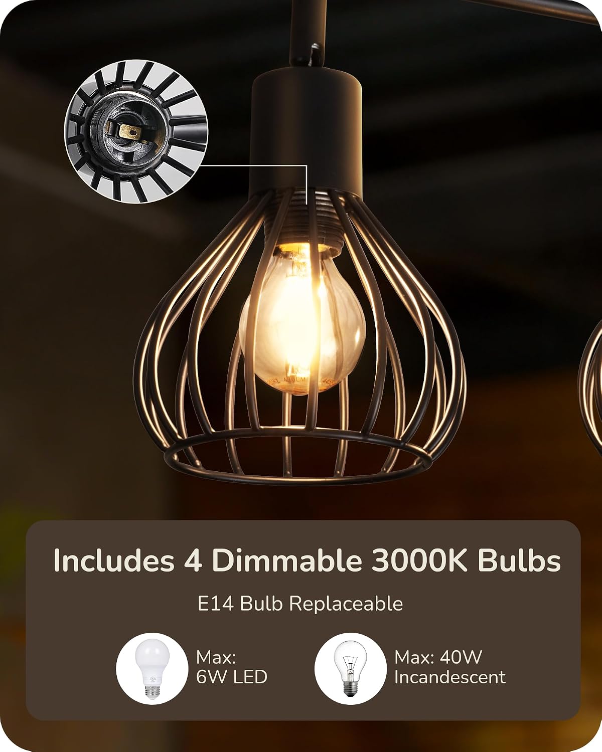 Detalle 2 de EDISHINE 4 Way Spotlights Ceiling Lights with 4 E14 LEDs – 3000K, Black Iron Cage