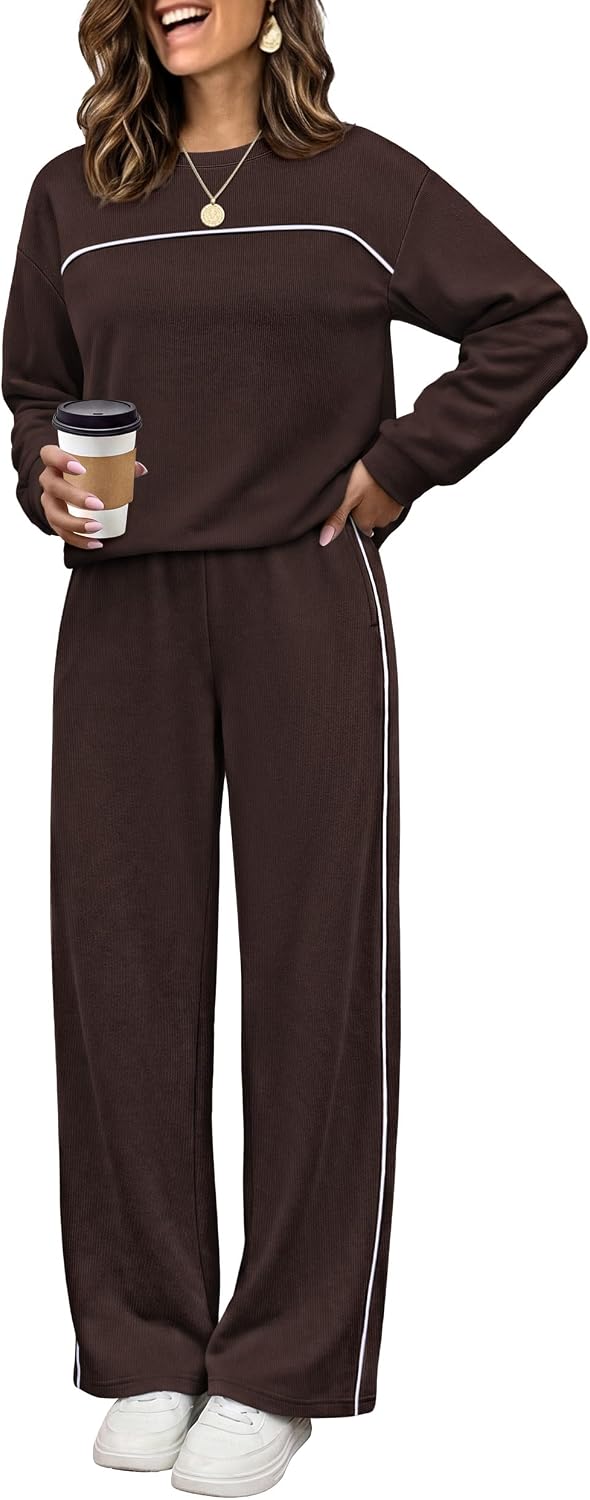 Detalle de OFEEFAN Women's Two-Piece Lounge Set with Contrast Piping and Wide-Leg Pants