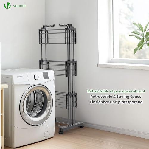 Detalle de VOUNOT Séchoir à Linge Extensible Grande Capacité – Tour de Séchage 3 Niveaux, Noir