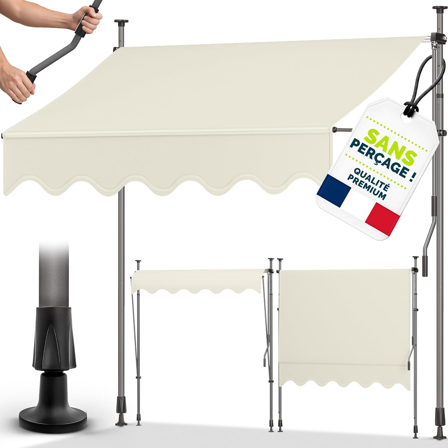 Detalle de Tillvex Store Banne Manuel rétractable avec manivelle pour Le Balcon | Marquise de terrasse sans percement | Marquise Soleil de Balcon auvent téléscopique (Sable, 350cm)