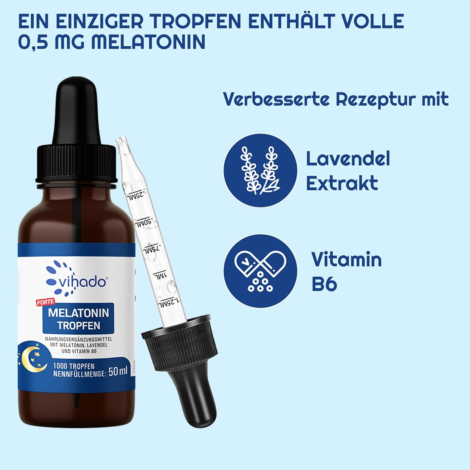 Detalle de Vihado Melatonin Tropfen 1000 Nächte Forte – hochdosiert, schnell einziehend, Kirschgeschmack, 50 ml