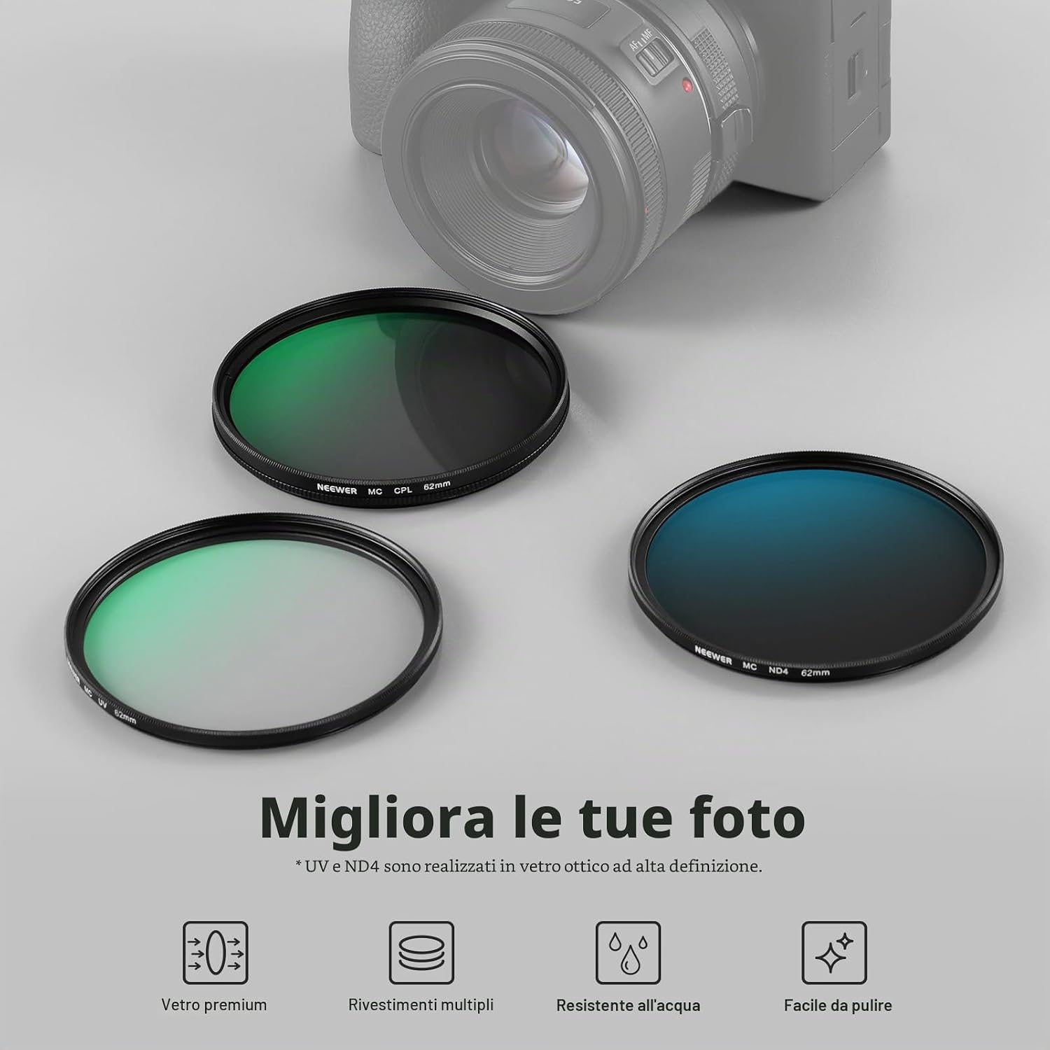 Detalle 2 de NEEWER Kit Filtri 62mm UV, CPL e ND4 con Custodia Rigida per Obiettivi