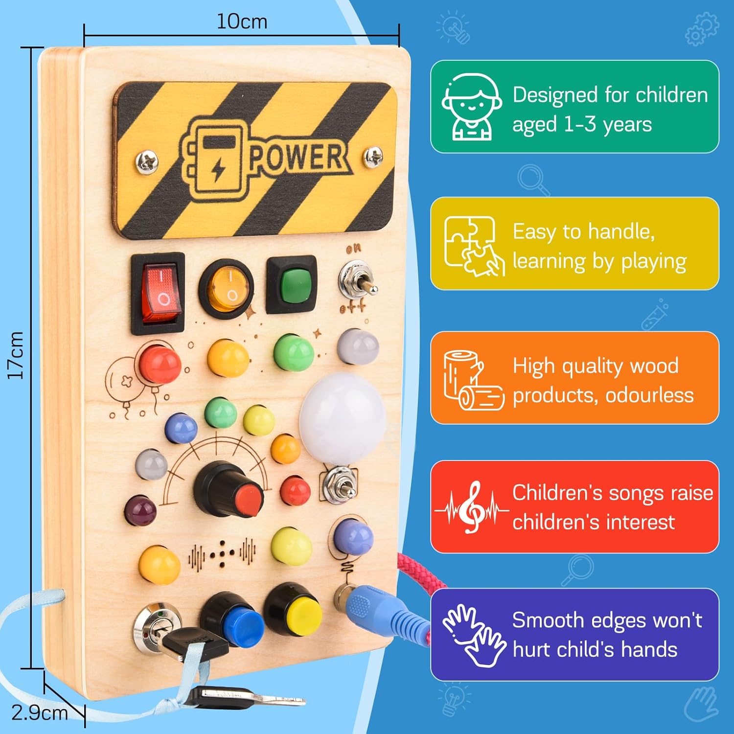 Thumbnail 3 de Busy Board Montessori in legno con 8 interruttori, 15 LED e 6 musiche (da 1 anno)