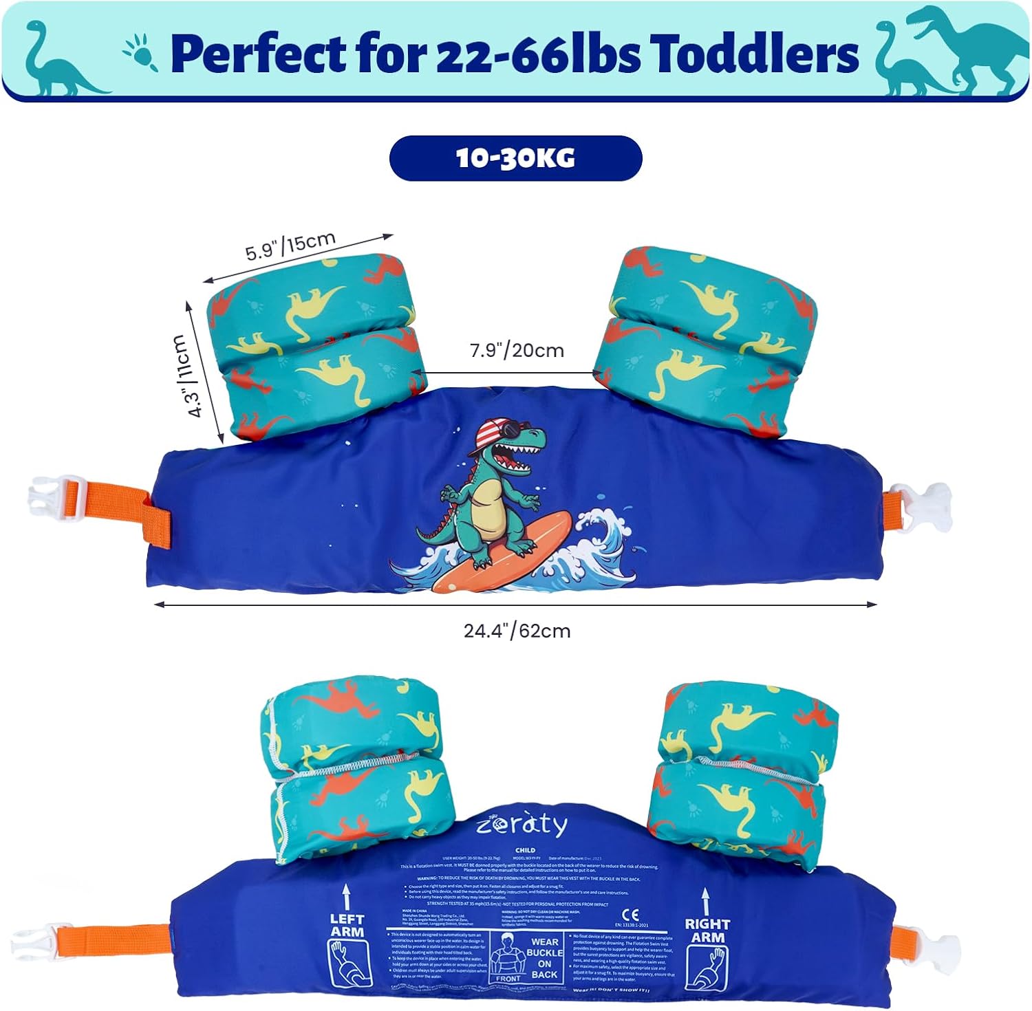 Detalle de Zeraty Gilet de Natation pour Enfants – Flotteurs avec harnais et bande de bras (2–6 ans, 20–50 lb)
