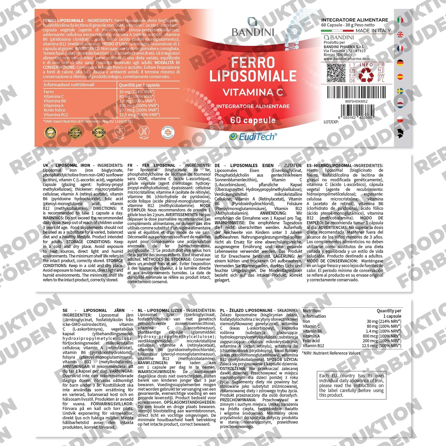 Detalle 1 de BANDINI liposomalt järntillskott 30 mg med C-, A-, B12- och B6-vitamin