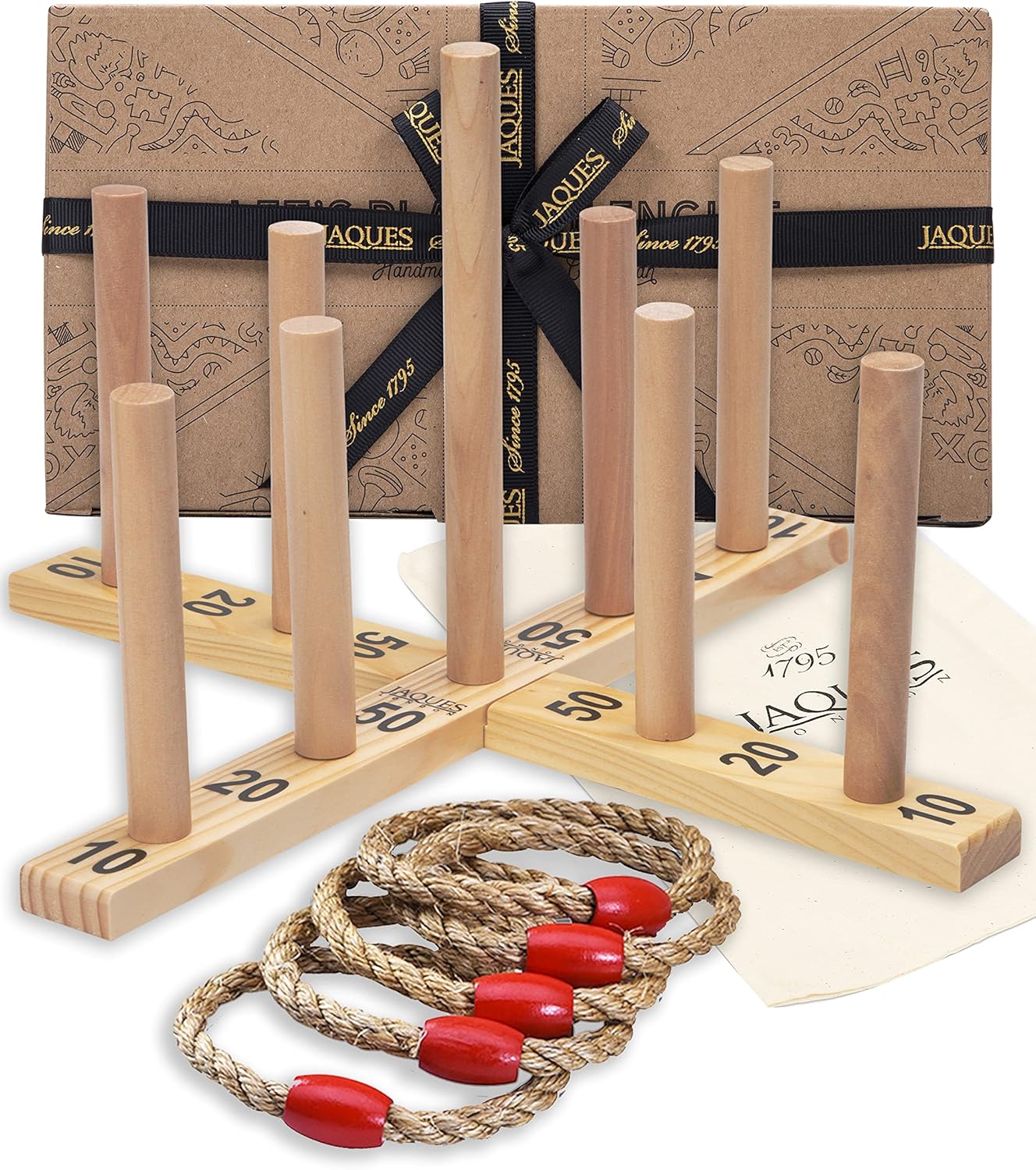 Detalle de Jaques of London Wooden Quoits Garden Game – 9 Pin Ring Toss Set