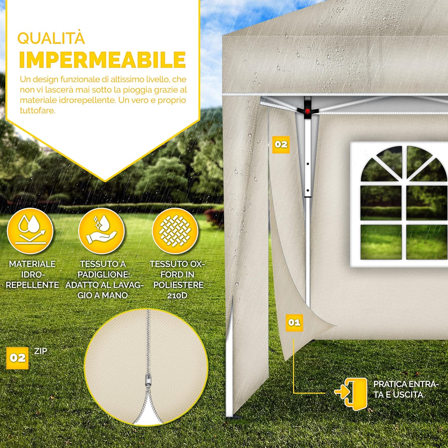 Thumbnail 4 de Gazebo tillvex 3x6 m pieghevole regolabile in altezza con tenda pop-up impermeabile UV 50+ e 6 pannelli laterali (beige)