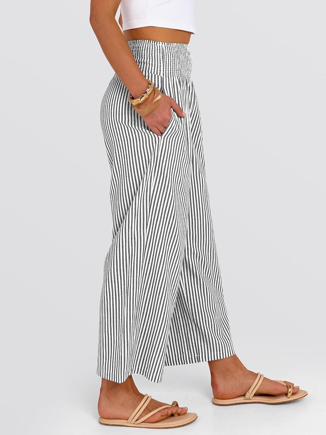 Detalle de ANRABESS Striped Gingham Palazzo Pants — High-Waisted, Cropped Wide-Leg Lounge Bottoms