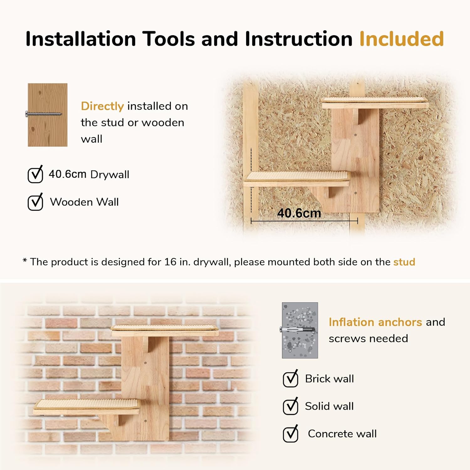 Thumbnail 6 de FUKUMARU Cat Wall Shelves with 2 Platforms, Tree-Shape Perch and Sisal Mat (for 16 inch drywall studs)