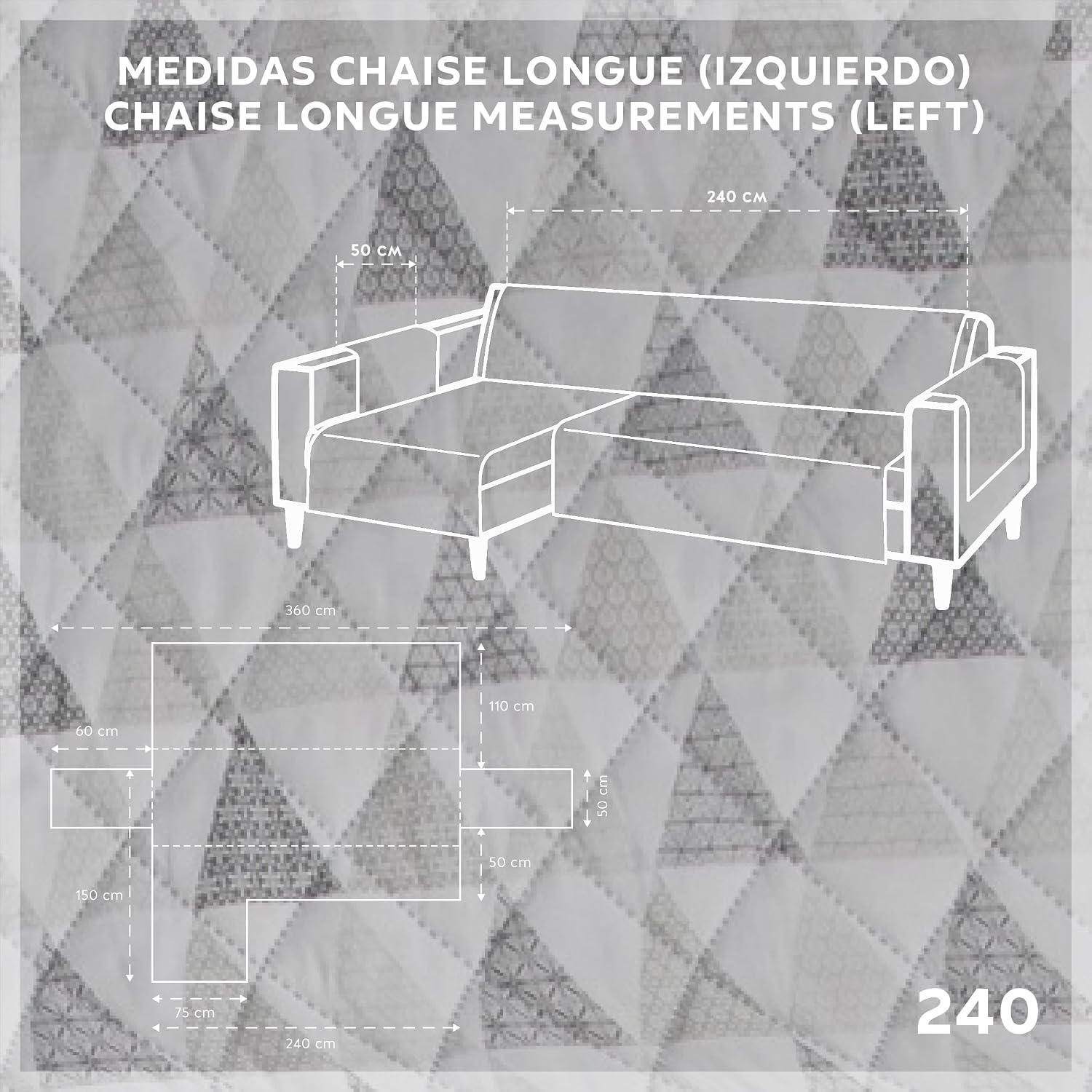 Detalle de Textil-home Copridivano per chaise longue con penisola Malu 240 cm – salvadivano trapuntato universale