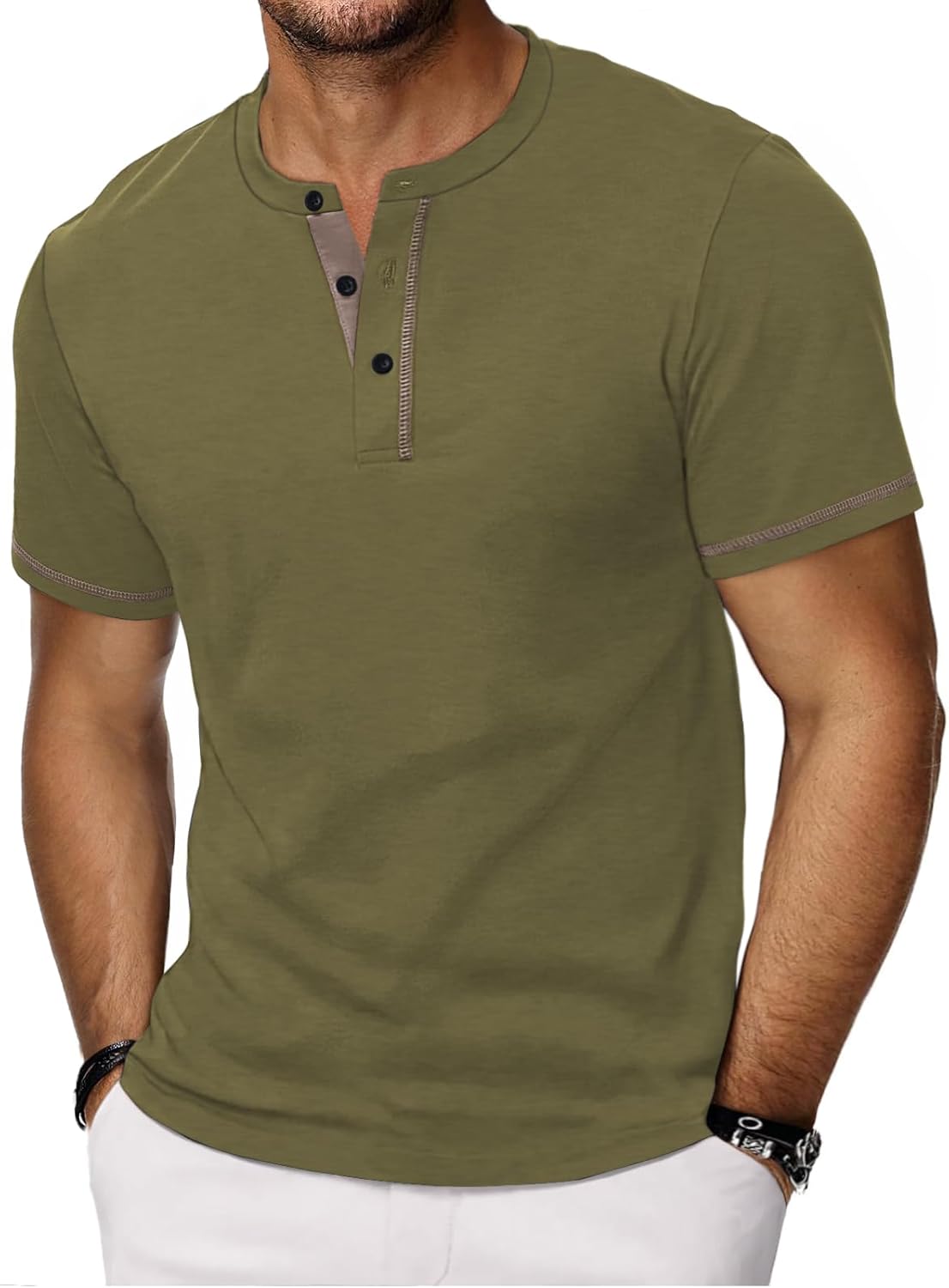 Thumbnail 5 de HMIYA Henley Kurzarm T-Shirt für Herren – Baumwolle, Knopf-Detail, Color-Blocking Ärmeln