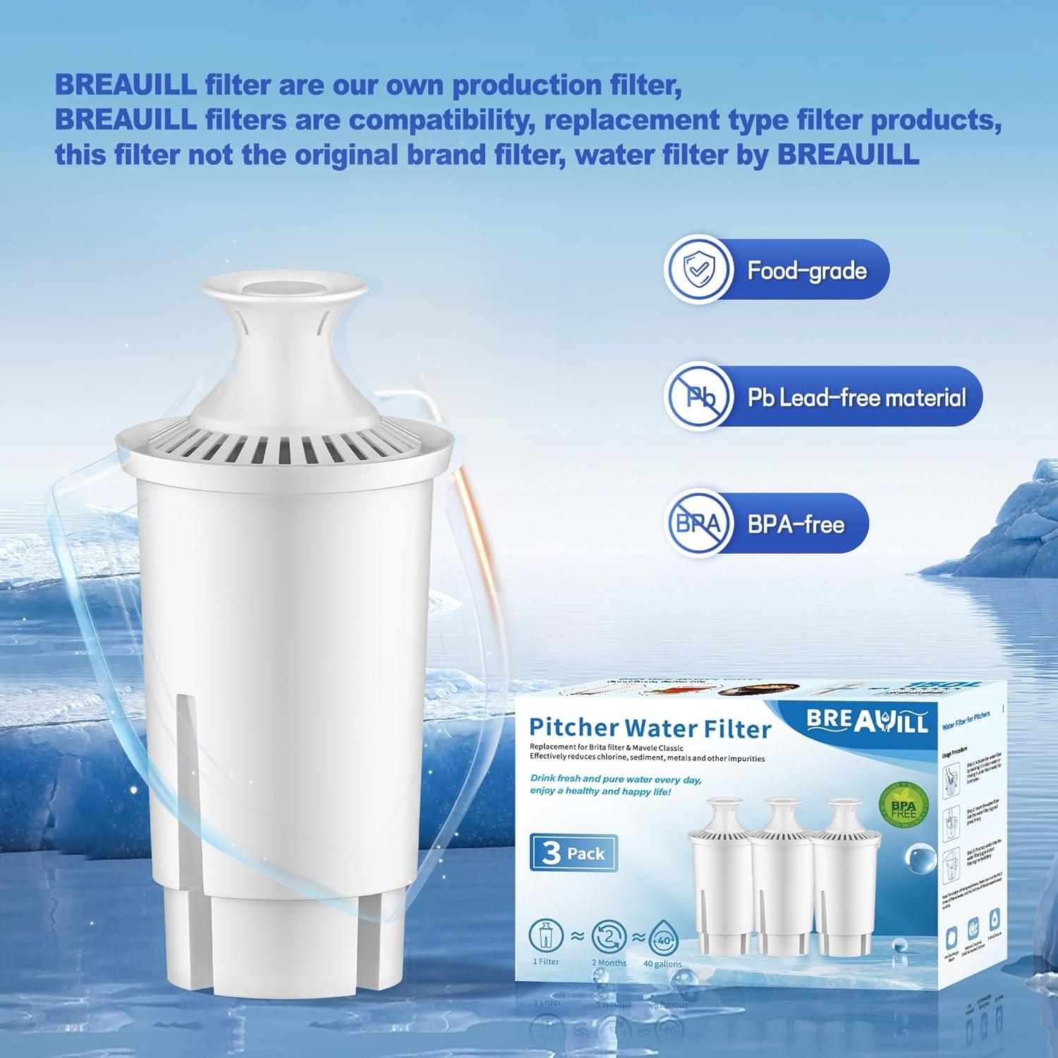 Thumbnail 6 de BREAUILL NSF certified pitcher water filter replacement (compatible with Brita-style pitchers, 3-pack)