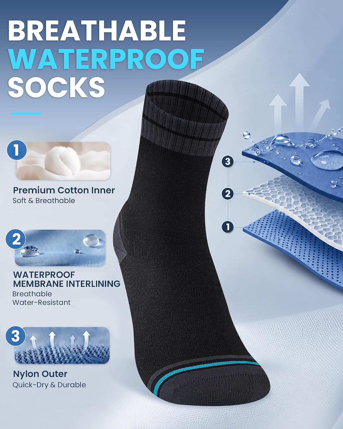 Thumbnail 2 de Niorasen Waterproof Crew Hiking Socks for Men with Cotton-Blend Lining