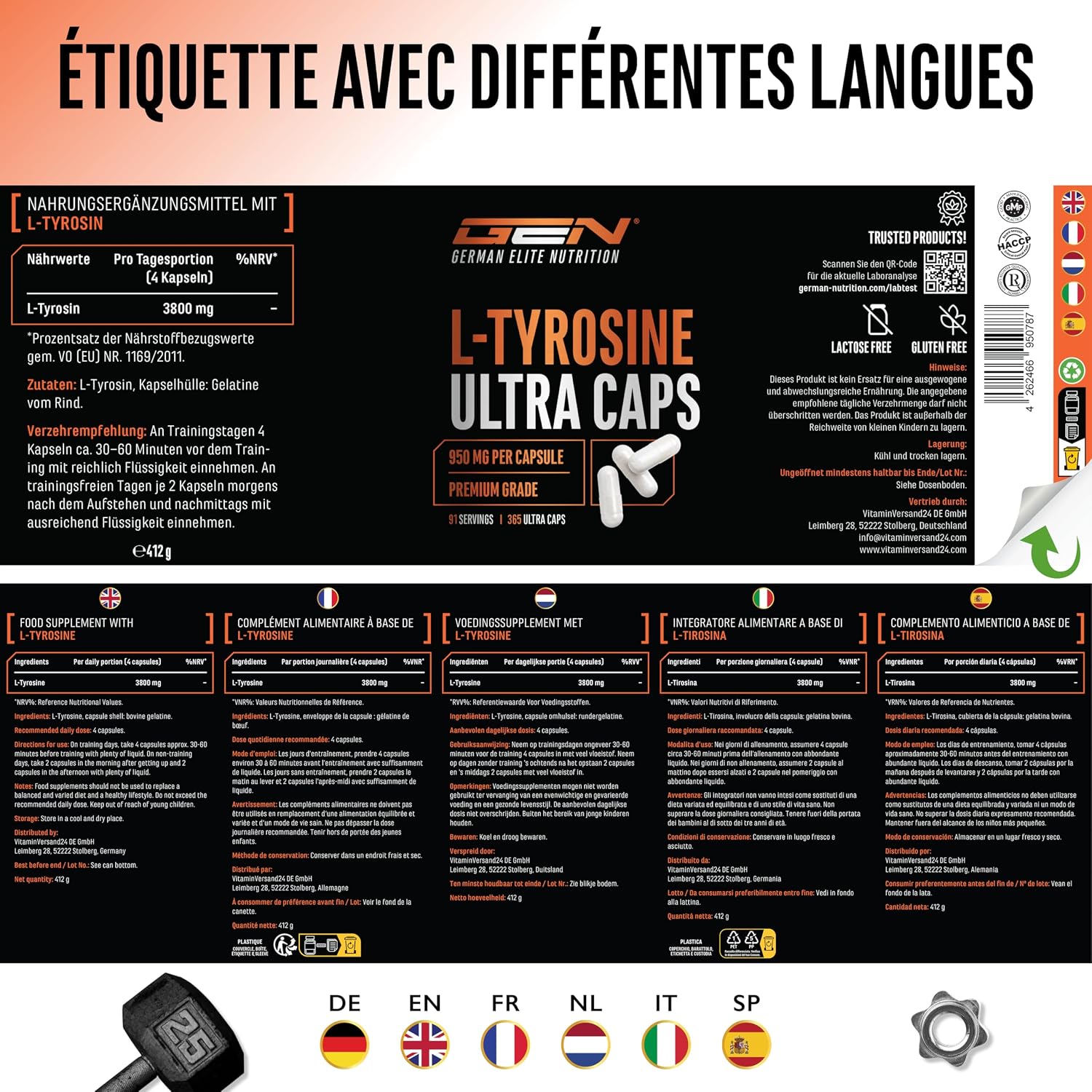 Detalle 2 de L-Tyrosine Ultra Caps – 365 gélules de L-tyrosine pure (950 mg) pour vos routines d’entraînement