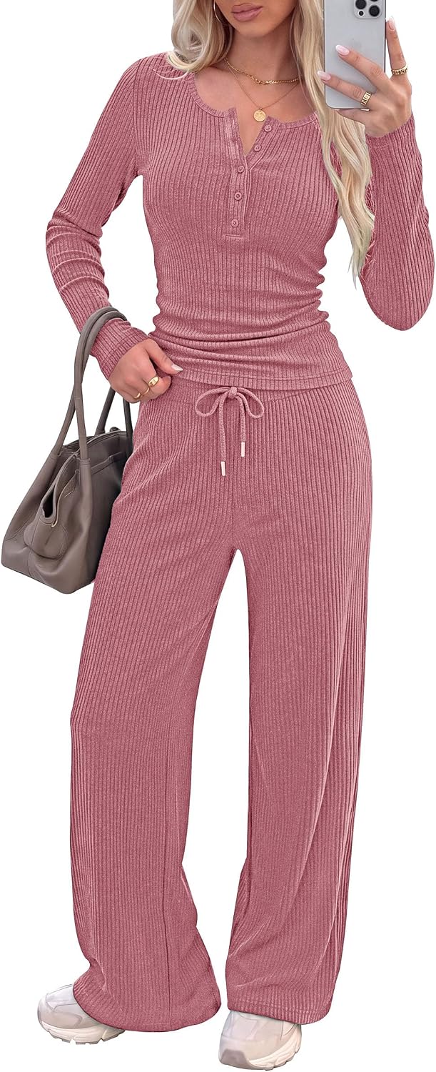 Detalle de PRETTYGARDEN PR1669 Women’s Rib-Knit Lounge Set with Henley Top and Wide-Leg Pants