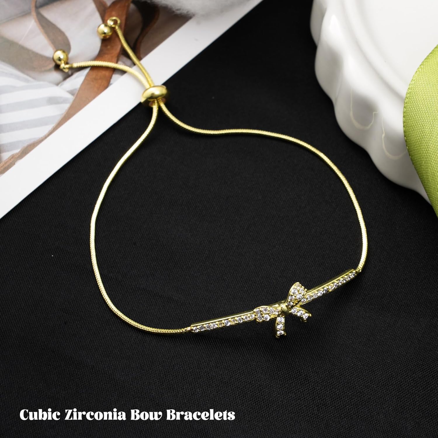 Detalle de Yowivon vergoldetes Schleifen-Armband für Frauen – verstellbar, Tennis-Perlen, 22 cm
