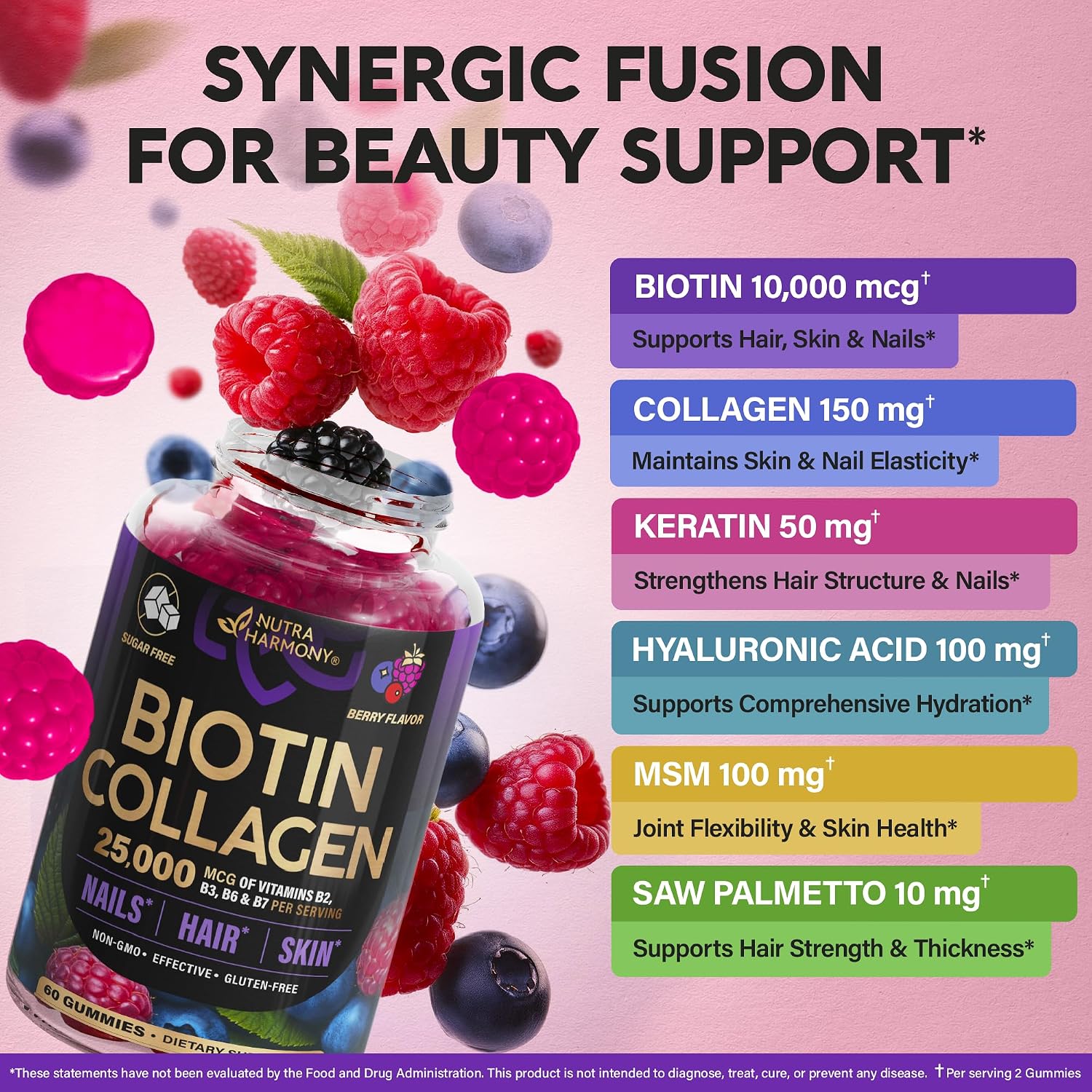 Detalle de NUTRAHARMONY NH-BTNGMY60 Biotin Gummies, Berry, Sugar-Free, 10,000 mcg