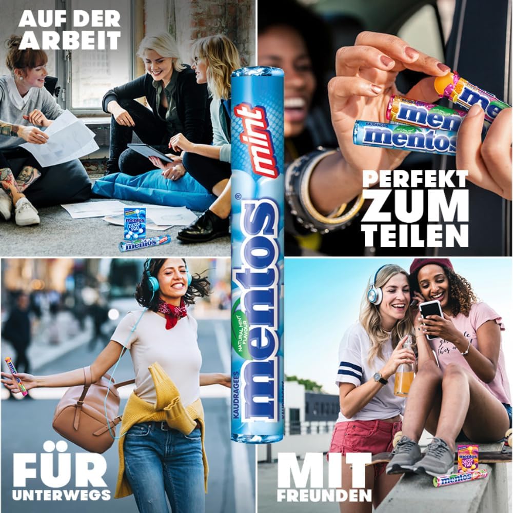 Detalle de Mentos Kaubonbons Mint – Vegane Pfefferminz-Dragees in Multipack (40 Rollen) als Verkaufsdisplay