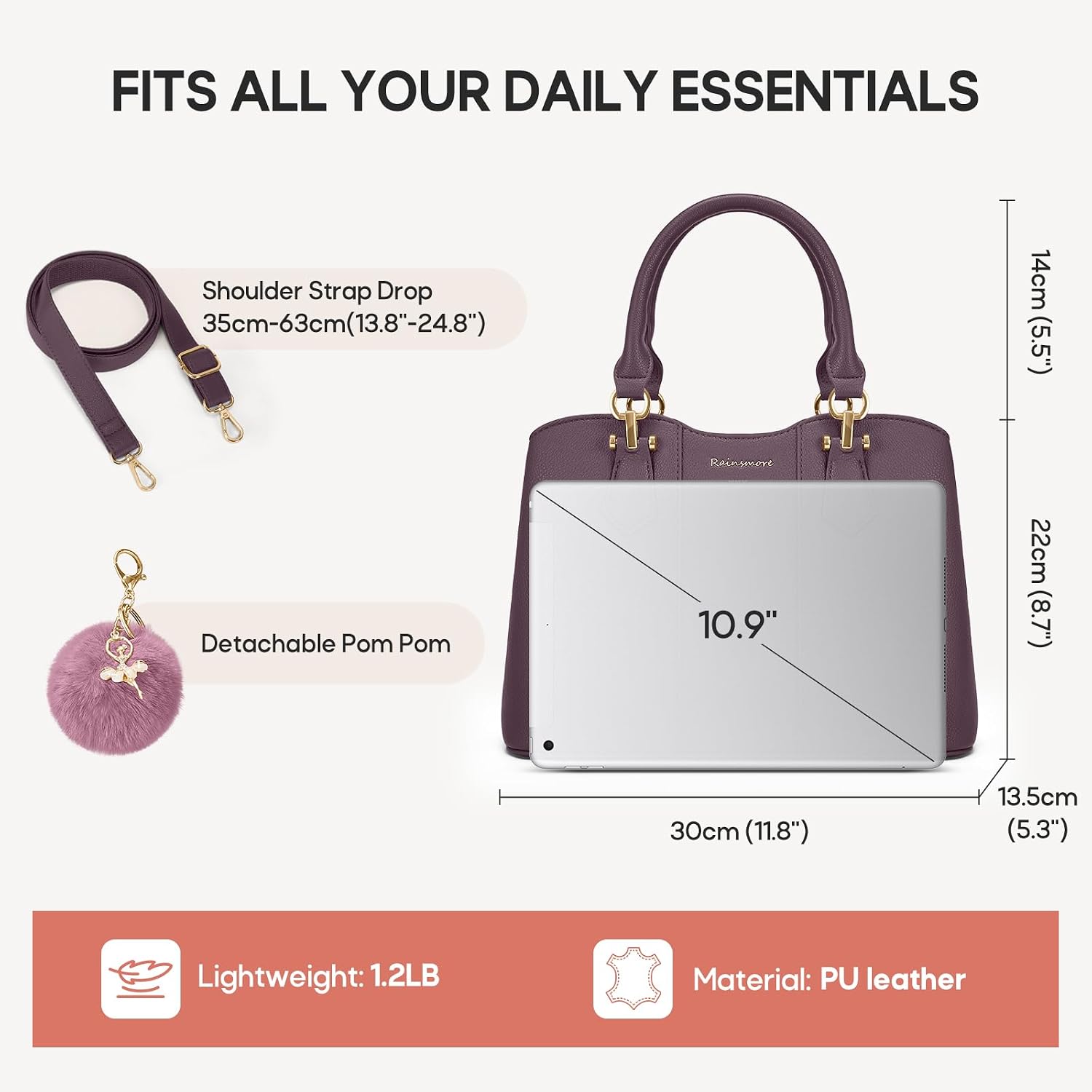 Thumbnail 2 de RAINSMORE Handbags for Women: PU Leather with Detachable Charm, Crossbody & Shoulder Bag