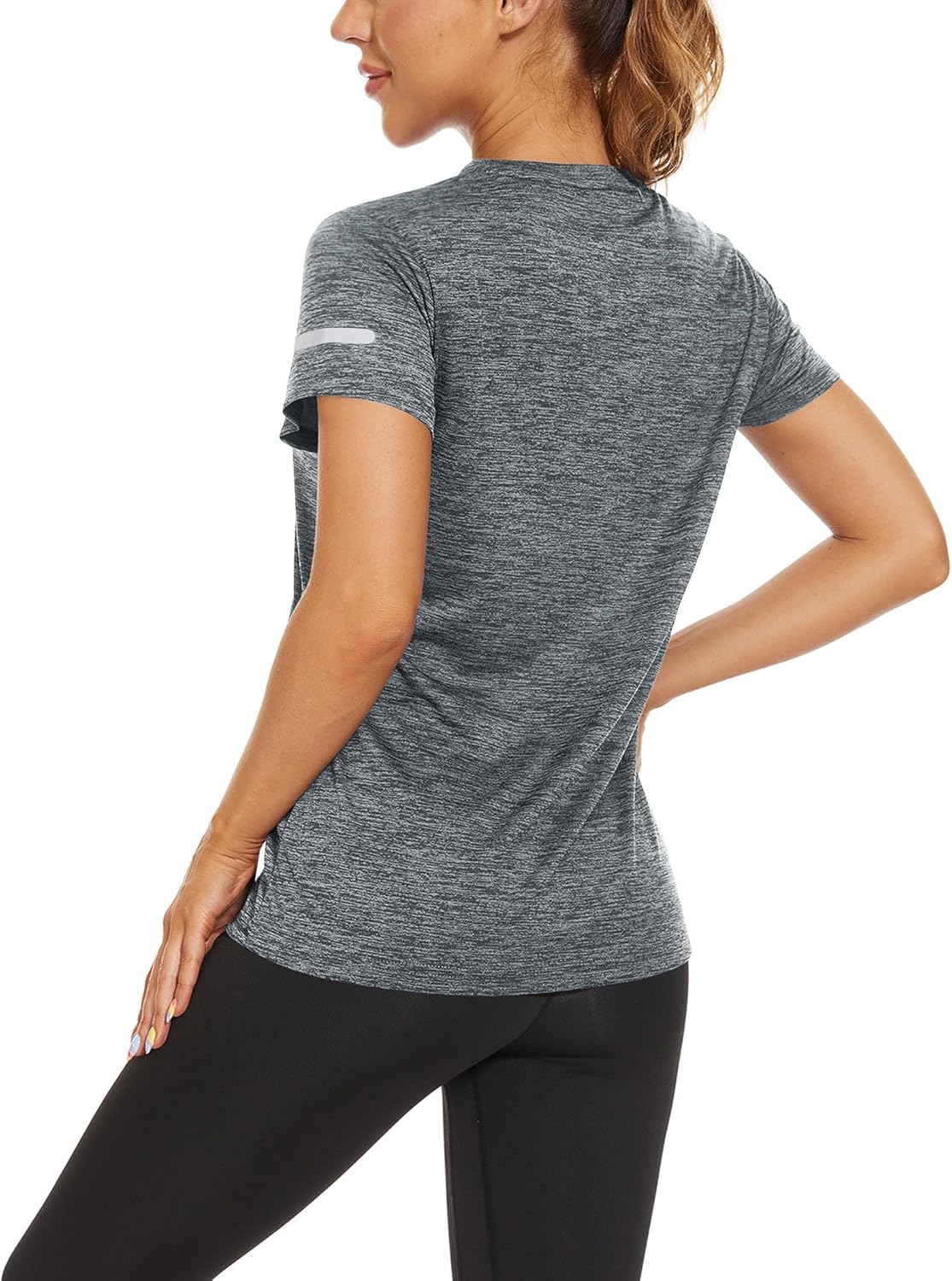 Detalle de KEFITEVD Melange Sportshirt Damen Kurzarm mit Reflexstreifen – atmungsaktiv, schnelltrocknend, Regular Fit