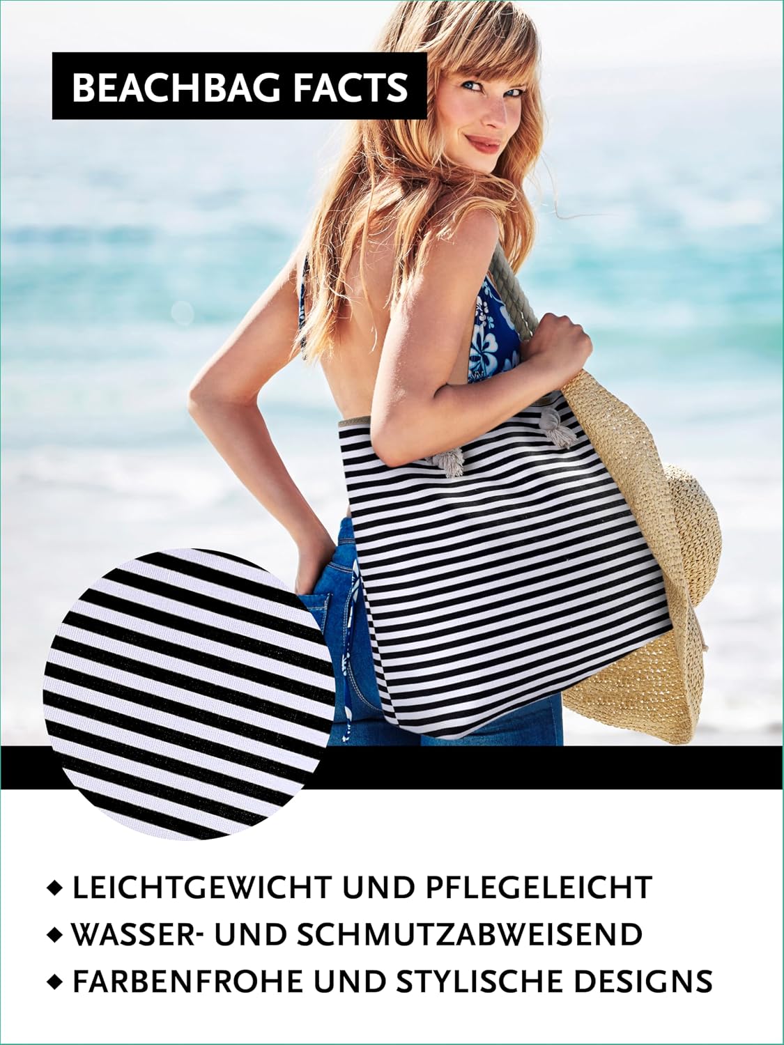 Detalle de DonDon Strandtasche XXL mit Reißverschluss – große Beach- & Badetasche für Strand und Meer
