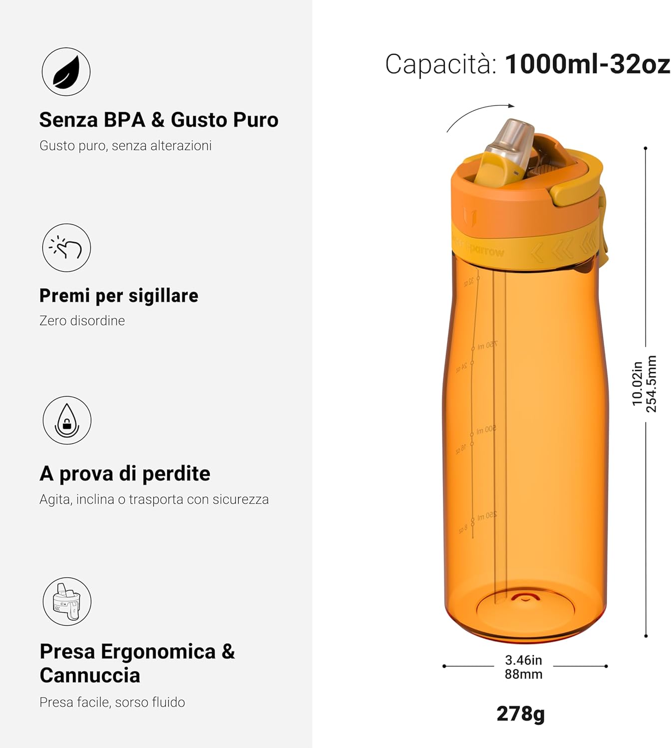 Thumbnail 2 de Sparrow Borraccia TouchFlow 500 ml / 750 ml / 1 L – Borraccia sportiva senza BPA con tappo a pulsante e beccuccio in silicone