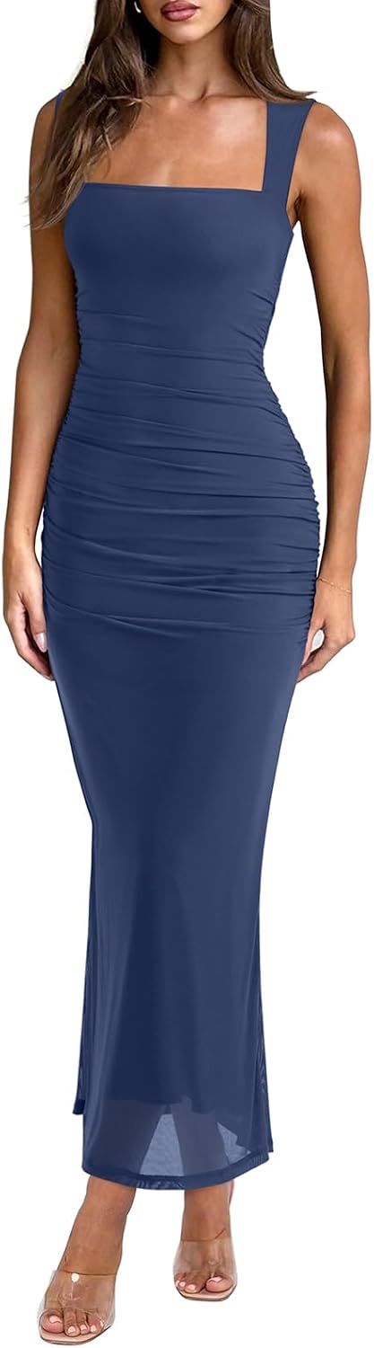 Detalle de REORIA Women's Square-Neck Mesh Maxi Dress, Sleeveless and Ruched