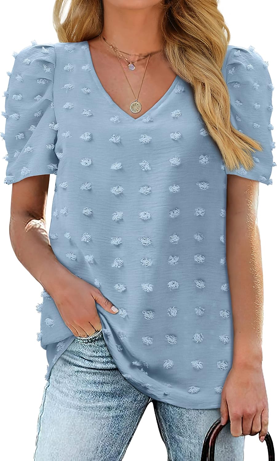 Detalle de Aokosor Ladies Tops: Swiss Dot V-Neck Puff Sleeve Blouse for Everyday Style