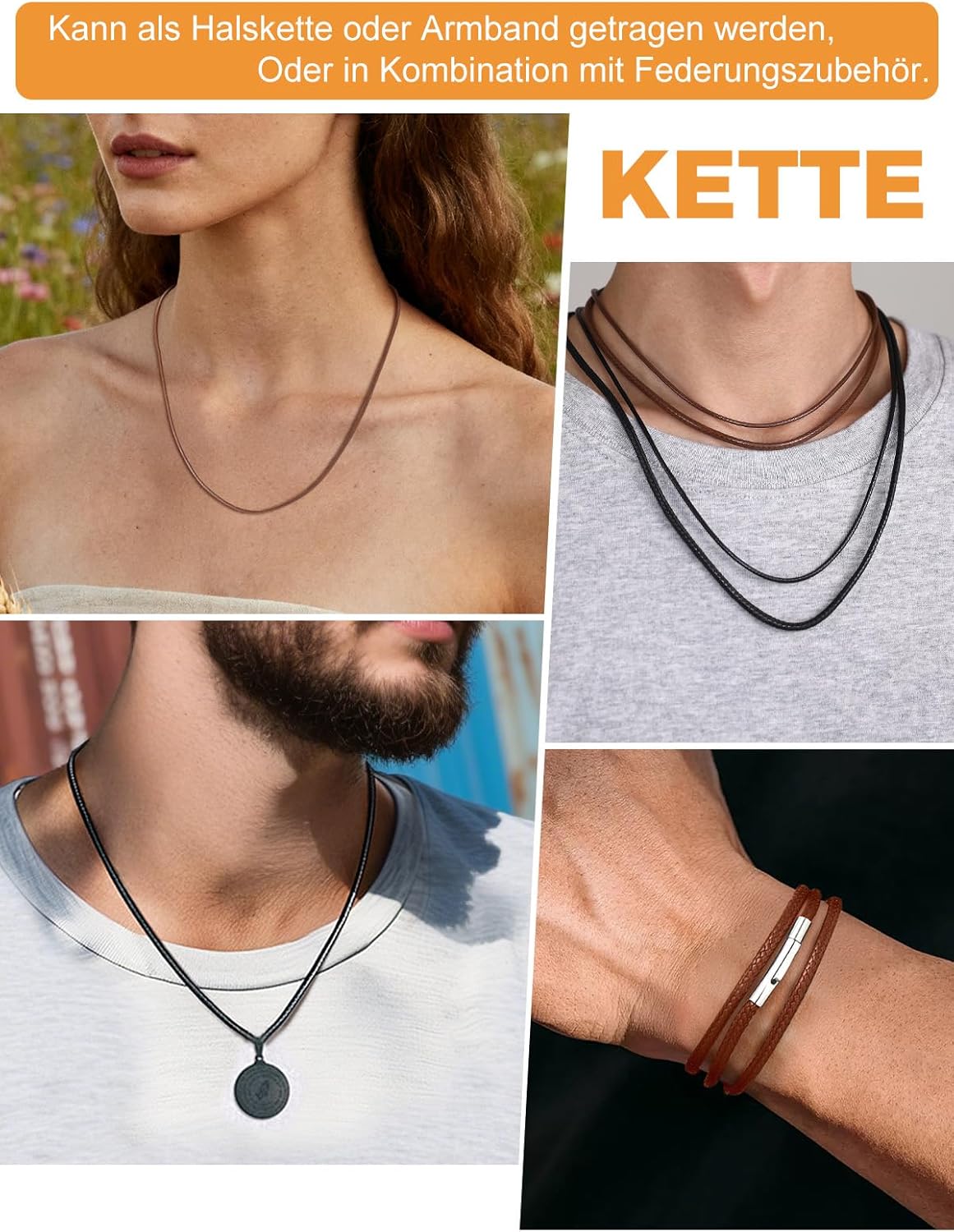 Thumbnail 6 de Richsteel Lederkette Herren | 2/3 mm Breite, Drehverschluss, Schwarz/Braun | 40–76 cm